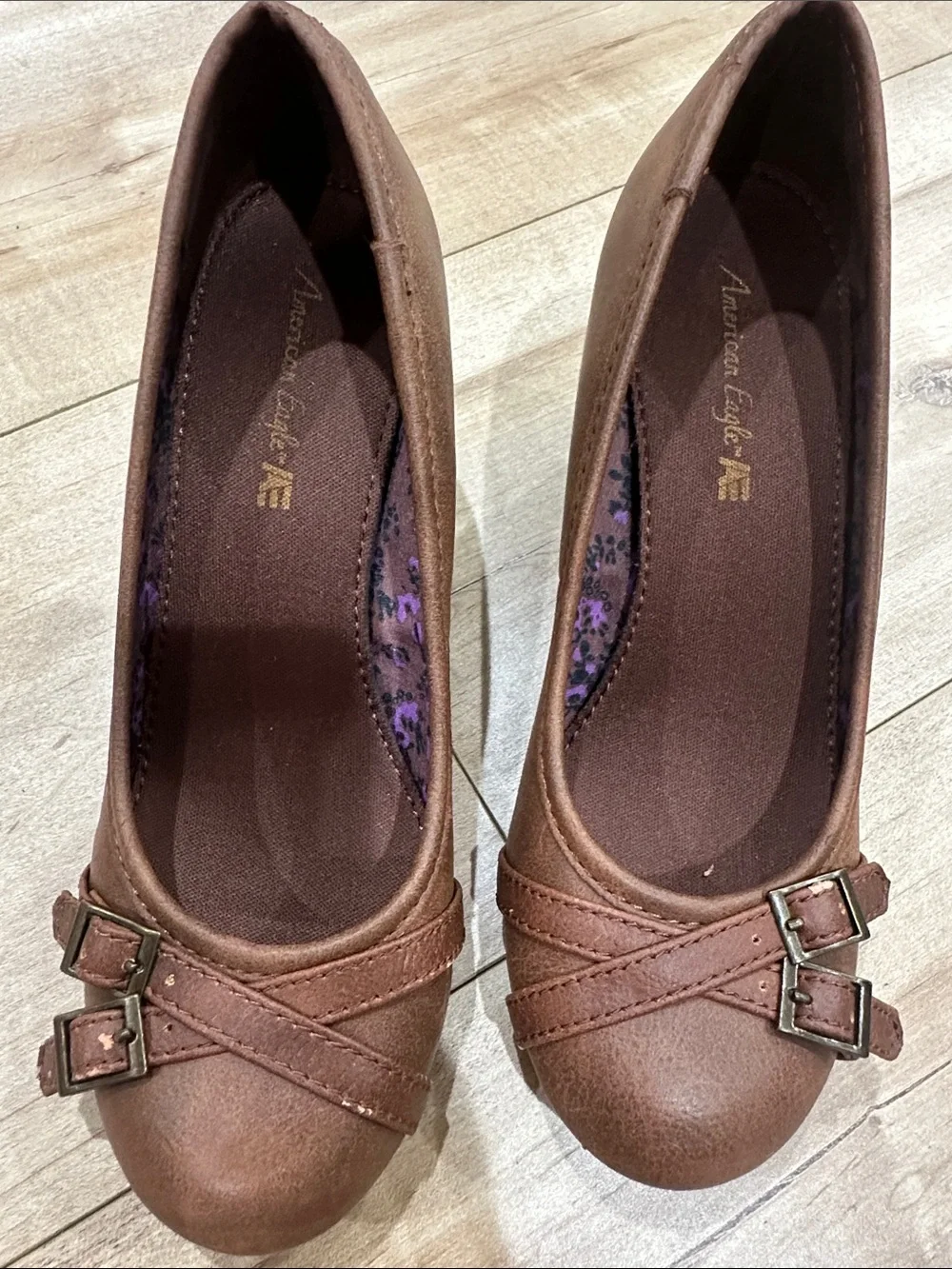 American Eagle Outfitters Brown Buckle Rounded-Toe Flats